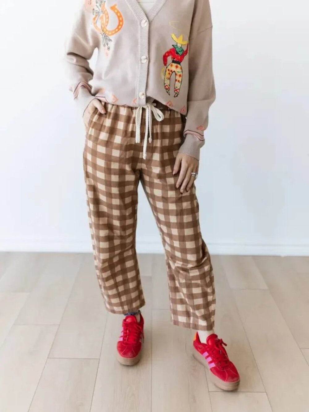 Brown Gingham Barrel Pant NEW